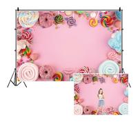 SDOTPMT 5x3ft Candy Polyester Kids Birthday Party Baby Shower Background Sweet Pink Mur Lollipop Candy Donut Kids Cake Table Banner Kids Birthday Photo Studio Prop
