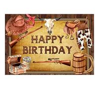 SDOTPMT 5x3ft Jeans Joyeux Anniversaire Polyester Bretelles Pantalons Western Country boardhunter Shotgun Bottes Chapeau Corde Shotgun Fond décoration Photo Prop