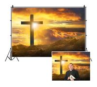 SDOTPMT 5x3ft Jésus - Christ Croix Sunrise Polyester bandoulière Sommet Montagne Coucher Soleil Fond Ciel Lumineux Sainte lumière Jésus ressuscité Christ Church Wallpaper décoration Prop