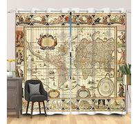 SDOTPMT 66x160cm Vieux Carte du Monde Rideau de fenêtre Historique Géographie Carte Éducatif Thème Nautique Rideaux de fenêtre Ancien Rétro Carte Rideaux Opaques pour Salon Chambre, 2 Panneaux