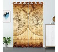 SDOTPMT 66x160cm World Map Window Curtain Old Map Historical Geography Educational Window Drapes Vintage Nostalgic Design Window Treatment for Living Room Bedroom Blackout Curtains, 2 Panels