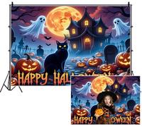 SDOTPMT 6x3m Joyeux Fond d'halloween Haunted House Chat Noir Full Orange Moon Ghosts Jack - o '- lanternes Fond de Photographie pour la décoration du Festival de célébration effrayante