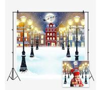 SDOTPMT 6x6ft Nuit d'hiver Paysage Urbain Polyester Fond Joyeux Noël Rue Lumineuse Fond Maison Occidentale bâtiment Flocon Neige Pleine Lune père Noël et Moose Fond Fête Noël bannière
