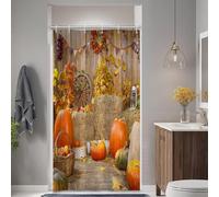 SDOTPMT 90x180cm Rideau de Douche de récolte d'automne Citrouilles Bales de Foin Décor d'automne Fond en Bois Rustique, Guirlande de Roue de Wagon Tissu en Polyester imperméable avec Crochets