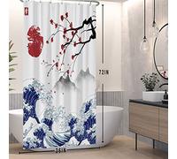 SDOTPMT 90x180cm Rideau de douche japonais du mont Fuji Cherry Blossom Sunset Asian Bath Rideau de bain de peinture de paysage de vague pour la décoration de salle de bains