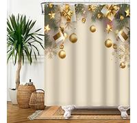 SDOTPMT 90x183cm Doré Fête Balle Rideau de Douche Noël Enfants Cadeau Boîte Or Étoile Flocon de Neige Rideau de Bain Plante Feuille Joyeux noël Rideau de Baignoire Polyester avec Crochets