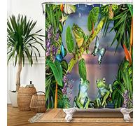 SDOTPMT 90x183cm Grenouille Rideau de Douche Papillon Mignon Drôle Animal Vert Plante Feuilles Fleur Été Forêt Naturel Paysage Rideau de Baignoire pour Enfants Salle Bains Polyester avec Crochets