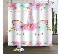 SDOTPMT 90x183cm Mignonne Licorne Rideau de Douche Dessin animé Licorne Magie Tête Doré Poudre Fleur Rideau Bain Blanc Arrière Plan Rideau de Baignoire pour Salle Bains Polyester avec Crochets
