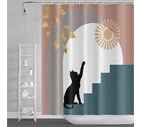 SDOTPMT 90x183cm Milieu du siècle Abstrait Rideau de Douche Drôle Noire Chat Eucalyptus Silhouette Rideau de Bain Bohème Rideau de Baignoire pour Enfants Salle de Bains Polyester avec Crochets
