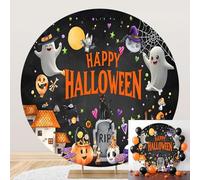 SDOTPMT Diameter 4ft Couverture de Fond Ronde Halloween capricieuse avec Happy Halloween Chats Noirs fantômes Mignons Photographie Fond Festival célébration décor Photo Studio Accessoires