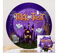 SDOTPMT Diameter 4ft Trick Or Treat Halloween Ronde Couverture de Fond avec Maison hantée, citrouilles cimetière fantômes Violet pour Halloween célébration décor Photo Studio Accessoires