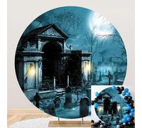 SDOTPMT Diameter 5ft Couverture de Fond Ronde du cimetière Effrayant avec des Pierres tombières, mausolée et Fond de Photographie de Nuit de Pleine Lune Décoration d'horreur d'halloween