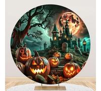 SDOTPMT Diameter 5ft Enchanté Halloween Citrouille château Ronde Couverture de Fond avec Jack - o '- lanternes, Ciel illuminé de Lune château hanté idéal pour la célébration du Festival décor