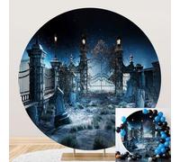 SDOTPMT Diameter 6ft Couverture de Fond Ronde de Porte du cimetière d'Eerie avec des Pierres tombales ornées de Porte en Fer Fond de Photographie du Ciel de Nuit Propriétés de Studio Photo