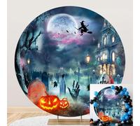 SDOTPMT Diameter 7.2ft Couverture de Fond Ronde du cimetière Effrayant d'halloween avec sorcière, Pleine Lune, Pierres tombales et citrouilles Conception Photographie de Fond Décorations d'horreur