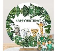SDOTPMT Diamètre 1.5m Animal Sauvage Bon Anniversaire Tour Toile Fond Vert Aquarelle Palmier Feuilles Jungle Photographie Arrière Plan Garçon 1er Anniversaire Douche de bébé Cercle Arrière Plan