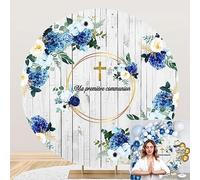 SDOTPMT Diamètre 1.8m Que Dieu Vous bénisse Communion Toile de Fond Ronde Bleu Fleur Rustique Tableau Blanc Premier Baptême Baptême Photographie Arrière-Plan pour Nouveau-né Enfants Baby Shower