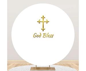 SDOTPMT Diamètre 1.8m Que Dieu Vous bénisse Fond Rond Kim La Croix, Mon Dieu Première Communion Blanc Fond Photographique Garçons et Filles Baptême Polyester, Nouveau - né Douche pour bébé Fête,