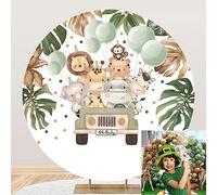 SDOTPMT Diamètre 2.2m Safari Jungle Animal Douche de bébé Tour Toile de Fond Mignon Animaux Palmier Feuilles Bébé Nouveau née Arrière Plan Zoo Safari Enfants 1er Anniversaire Cercle Arrière Plan