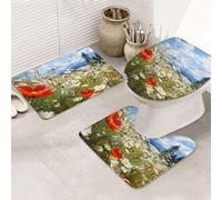 SDTYKHJ Lot de 3 tapis de bain ultra absorbants, antidérapants, tapis de sol doux et motif fleurs de prairie et de marguerites, tapis de douche en forme de U, tapis de couvercle de toilette pour