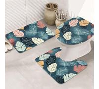 SDTYKHJ Lot de 3 tapis de bain ultra absorbants et antidérapants - Tapis de sol doux à motif de feuilles mignonnes - Tapis de douche en forme de U - Couverture de couvercle de toilette pour baignoire