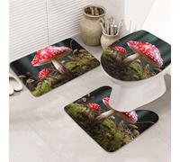SDTYKHJ Lot de 3 tapis de bain ultra absorbants et antidérapants - Tapis de sol doux en forme de champignon rouge et blanc - Tapis de douche en forme de U - Couverture de couvercle de toilette pour