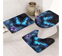 SDTYKHJ Lot de 3 tapis de bain ultra absorbants et antidérapants - Tapis de sol doux en forme de U - Tapis de douche et couvercle de toilette pour baignoire/douche - Motif galaxie et papillon bleu