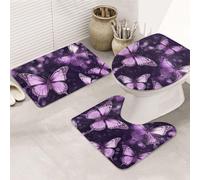 SDTYKHJ Lot de 3 tapis de bain ultra absorbants et antidérapants - Tapis de sol doux en forme de U - Tapis de douche et couvercle de toilette pour baignoire/douche - Motif papillons violets