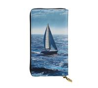 SDTYKHJ Portefeuille long pour femme - Grande capacité - Bleu - Motif bateau à voile - En cuir - Pour femme - Porte-carte - Porte-téléphone - Sac de voyage