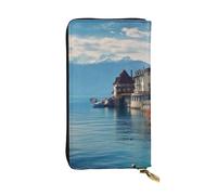 SDTYKHJ Portefeuille long pour femme - Grande capacité - Lac Genève - Suisse - En cuir - Porte-cartes - Porte-téléphone - Sac à main de voyage