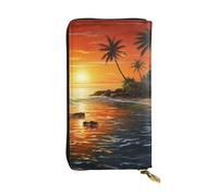 SDTYKHJ Portefeuille pour femme - Grande capacité - Portefeuille long - Palmier - Soleil - Paysage - Cuir - Porte-cartes pour femme - Porte-téléphone - Sac de