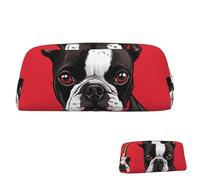 SDTYKHJ Trousse à crayons Boston Terrier - Grand sac à crayons - Portable - Pochette esthétique - Trousse de maquillage en cuir - Rouge