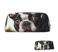 SDTYKHJ Trousse à crayons en cuir avec motif chiot terrier Boston Terrier, Argenté., Taille unique