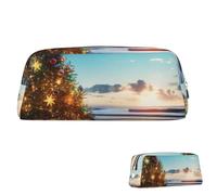 SDTYKHJ Trousse à crayons motif sapin de Noël sur la plage - Grande trousse portable pour pièces de monnaie - Esthétique - Trousse de maquillage en cuir, Argenté., Taille unique