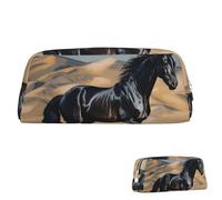 SDTYKHJ Trousse à crayons noire avec cheval arabe - Grande trousse portable pour pièces de monnaie - Sac de maquillage en cuir, Argenté, taille unique