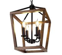 SDUYTDG Lampe à Suspension Rustique en Forme de Lanterne en Fer de Ferme à 4 lumières en métal pour îlot de Cuisine, Lustre à chaîne réglable avec Finition en Bois pour Salle à Manger, Salon