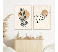 SDVIB Affiche bohème avec feuilles, soleil et oiseaux, impression abstraite sur toile, tableau mural pour chambre, décoration intérieure moderne (50 x 70 cm / 2 pièces sans cadre)