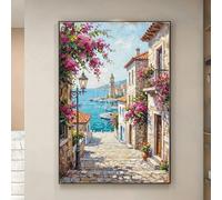 SDVIB Peinture d'une ruelle méditerranéenne, paysage de village côtier sur toile, art mural avec fleurs et vue sur la mer, impressions sur toile (60x80cm/sans cadre)
