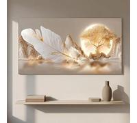 SDVIB Tableau abstrait moderne sur toile représentant un arbre doré et une montagne, avec des plumes blanches, idéal pour la décoration du salon (60 x 120 cm, sans cadre).