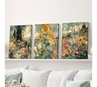 SDVIB Tableau sur toile, Peinture impressionniste d'un champ de tournesols et de fleurs sauvages, Triptyque paysage floral sur toile (40x50cm/3 pièces sans cadre)