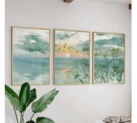 SDVIB Tableau vintage aquarelle coucher de soleil sur la côte - Impression de paysage océanique serein pour la décoration du salon, de la chambre et de la maison (60x80cm/3 pièces sans cadre)