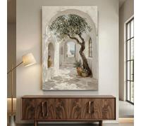 SDVIB Toile imprimée représentant un olivier méditerranéen, art mural d'architecture grecque, décoration intérieure neutre, cour toscane rustique (30x40cm/sans cadre)