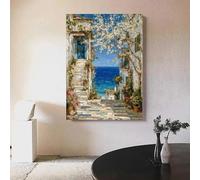 SDVIB Toile imprimée représentant une vue sur la mer Méditerranée, un village côtier, une porte bleue, décoration murale sur toile, décoration pour le salon (60 x 80 cm/sans cadre)