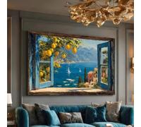 SDVIB Vue de la mer Méditerranée, Toile Fenêtre Bleue Ouverte, Décoration Murale Citronnier, Paysage de Village Côtier, Toile Décorative (60x80cm/Sans Cadre)