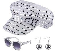 SDXCJY Chapeau disco argenté à paillettes 3 pièces pour adulte - Lunettes de soleil carrées - Costume disco pour femme - Fête à thème, anniversaire, danse (argent)