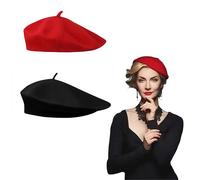 SDXCJY Lot de 2 bérets pour adultes, béret français vintage mélangé, unisexe, doux et chaud, pour extérieur, chapeau classique de couleur unie pour la plupart des gens, taille unique., Noir, rouge.,