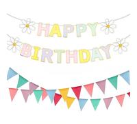 SDXCJY Lot de 3 bannières « Happy Birthday » et 2 drapeaux triangulaires colorés - Guirlande de fanions en tissu multicolore pastel imperméable pour la maison, le jardin, les fêtes d'anniversaire