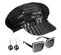 SDXCJY Lot de 3 chapeaux disco argentés des années 70 pour adultes avec chaîne de bijoux sequins, lunettes de soleil carrées à paillettes, ensemble de costume disco pour femme (bleu) (noir)