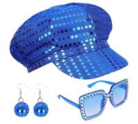 SDXCJY Lot de 3 chapeaux disco argentés des années 70 pour adultes avec chaîne de bijoux sequins, lunettes de soleil carrées à paillettes, ensemble de costume disco pour femme (bleu)