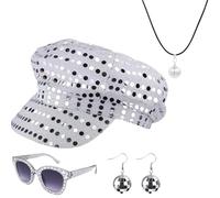 SDXCJY Lot de 4 chapeaux disco argentés années 70 pour adultes avec chaîne de bijoux sequins, lunettes de soleil carrées à paillettes, ensemble de costume disco pour femme (argent)
